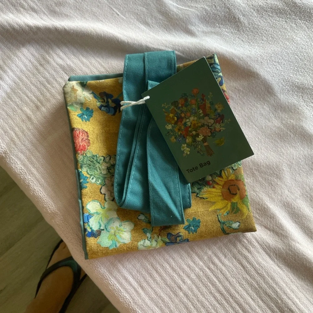 Van Gogh Floral Fabric Tote Bag with Green Handles